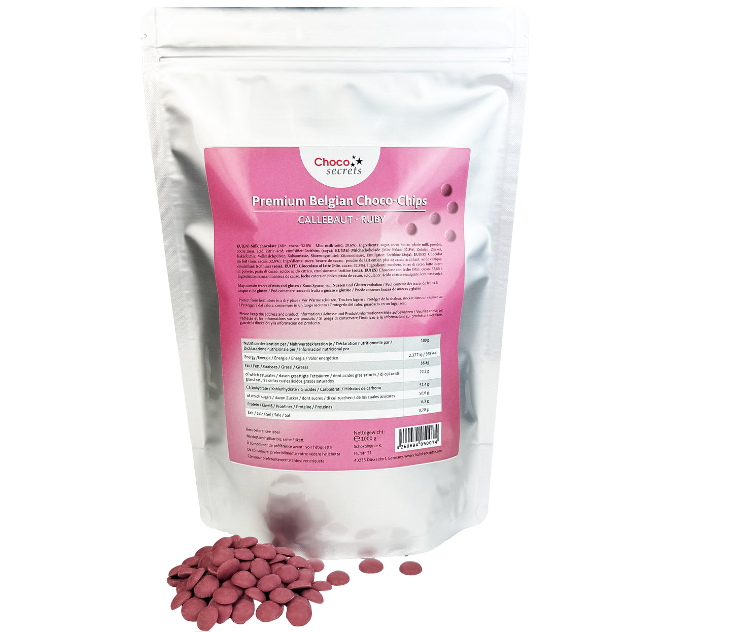 Callebaut Ruby RB2 - 32.8% feinste belgische Schokoladenkuvertüre, 1 kg, im wiederverschließbaren Beutel