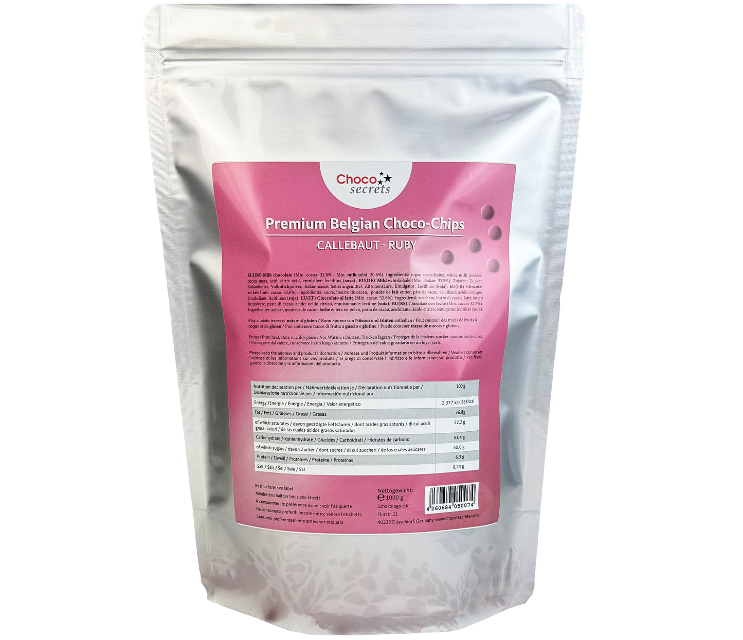 Callebaut Ruby RB2 - 32.8% feinste belgische Schokoladenkuvertüre, 1 kg, im wiederverschließbaren Beutel