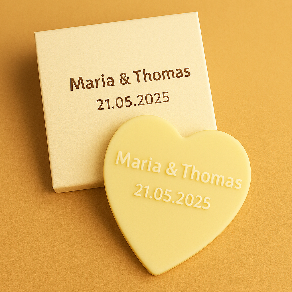 wedding_favors_white_chocs_plain_box_lightgold embossed with names of bride and groom in a individually printed box.