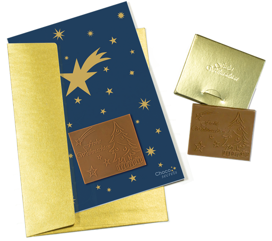 Weihnachtskarten mit Schokoladenprägung in Goldbox, 5er-Set, Kartendesign: dunkelblauer Himmel mit goldenen Sternen, Schokoladenprägung: „Frohe Weihnachten“, Umschlag in Gold