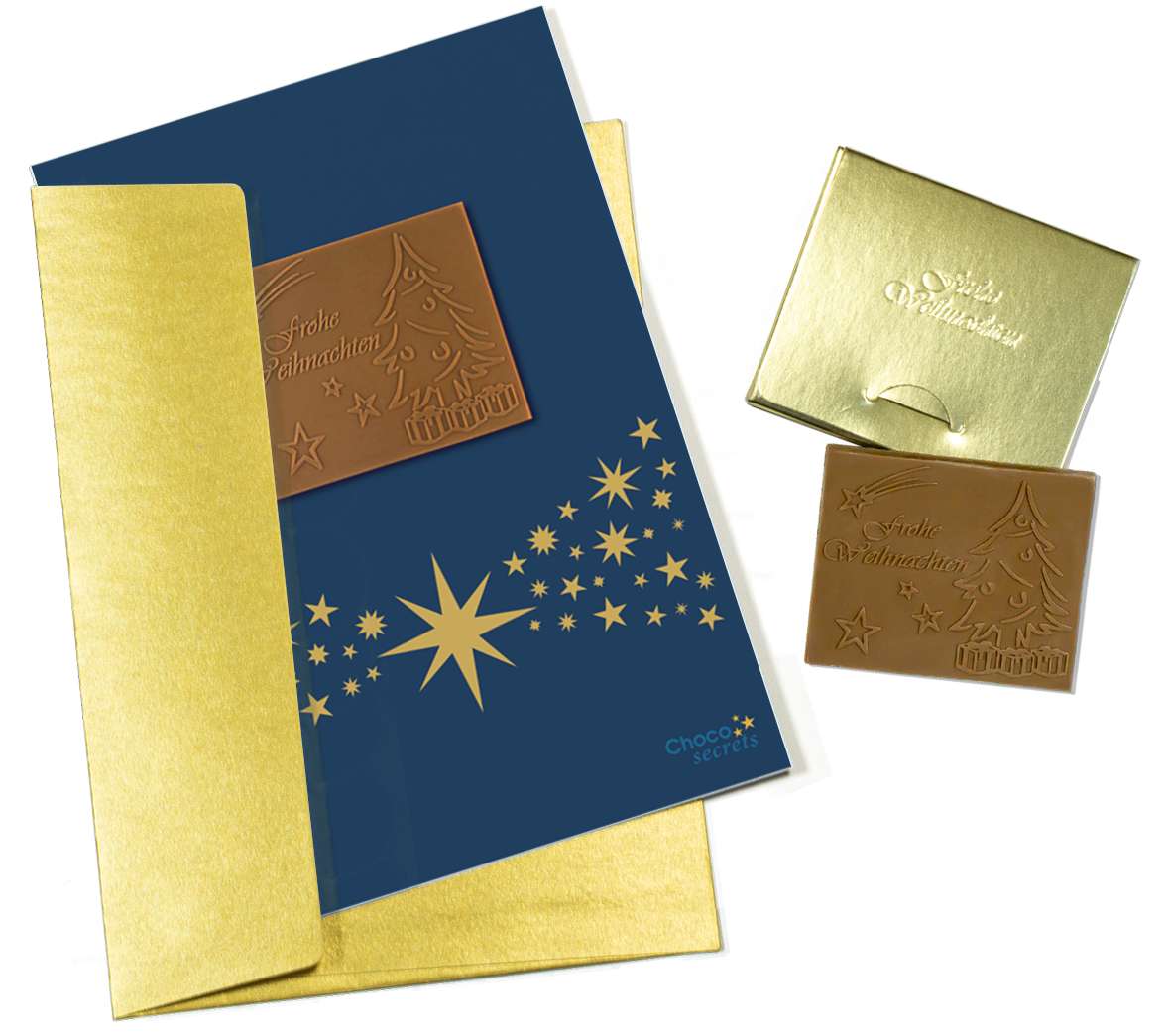 Weihnachtskarten mit Schokoladenprägung in Goldbox, 5er-Set, Kartendesign: dunkelblauer Himmel mit Sternenband, Schokoladenprägung: „Frohe Weihnachten“, Umschlag in Gold