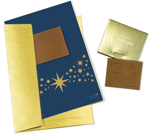 Weihnachtskarten mit Schokoladenprägung in Goldbox, 5er-Set, Kartendesign: dunkelblauer Himmel mit Sternenband, Schokoladenprägung: „Frohe Weihnachten“, Umschlag in Gold