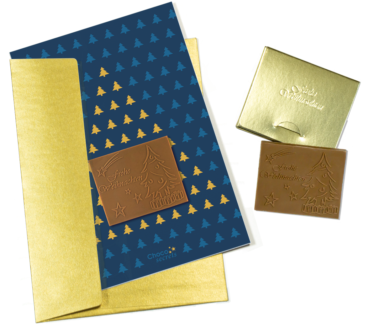 Weihnachtskarten mit Schokoladenprägung in Goldbox, 5er-Set, Kartendesign: dunkelblauer Himmel mit Weihnachtsbaum, Schokoladenprägung: „Frohe Weihnachten“, Umschlag in Gold