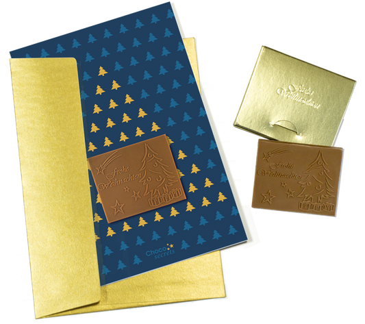 Weihnachtskarten mit Schokoladenprägung in Goldbox, 5er-Set, Kartendesign: dunkelblauer Himmel mit Weihnachtsbaum, Schokoladenprägung: „Frohe Weihnachten“, Umschlag in Gold