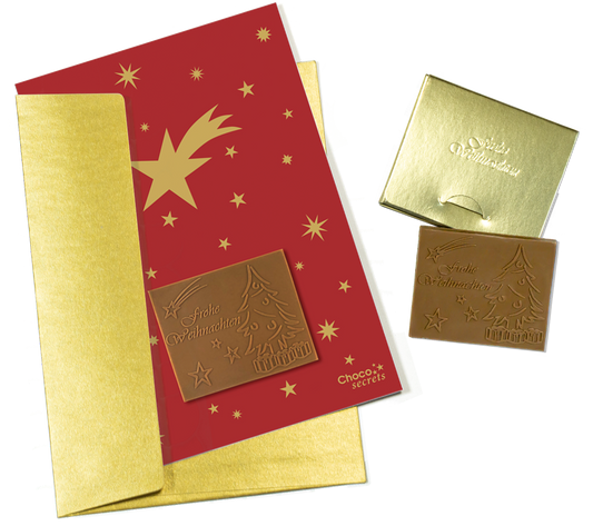 Weihnachtskarten mit Schokoladenprägung in Goldbox, 5er-Set, Kartendesign: Rot mit goldenen Sternen, Schokoladenprägung: „Frohe Weihnachten“, Umschlag in Gold