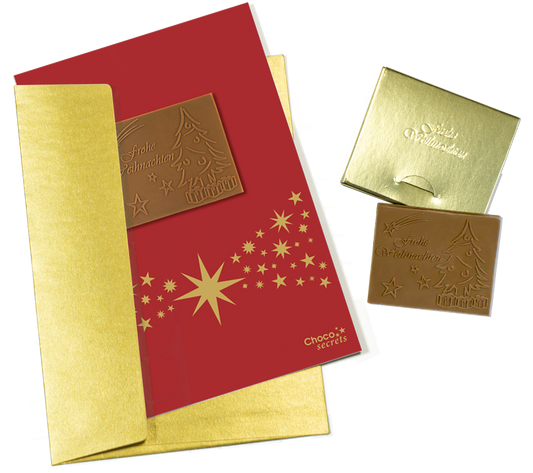 Weihnachtskarten mit Schokoladenprägung in Goldbox, 5er-Set, Kartendesign: rot mit Sternenband, Schokoladenprägung: „Frohe Weihnachten“, Umschlag in Gold