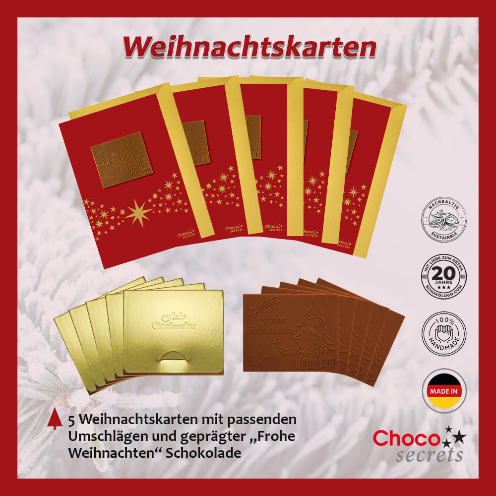 Weihnachtskarten mit Schokoladenprägung in Goldbox, 5er-Set, Kartendesign: rot mit Sternenband, Schokoladenprägung: „Frohe Weihnachten“, Umschlag in Gold