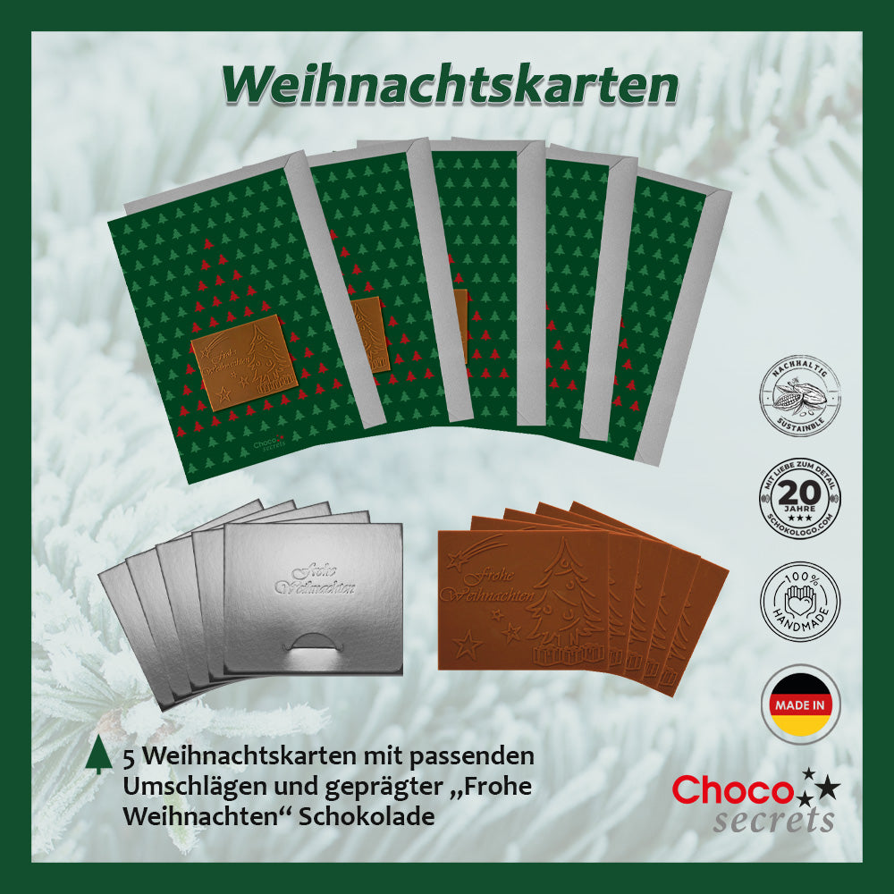 Weihnachtskarten mit Schokoladenprägung in Silberbox, 5er-Set, Kartendesign: Grün mit Tannen, Schokoladenprägung: 'Frohe Weihnachten', Umschlag in Silber