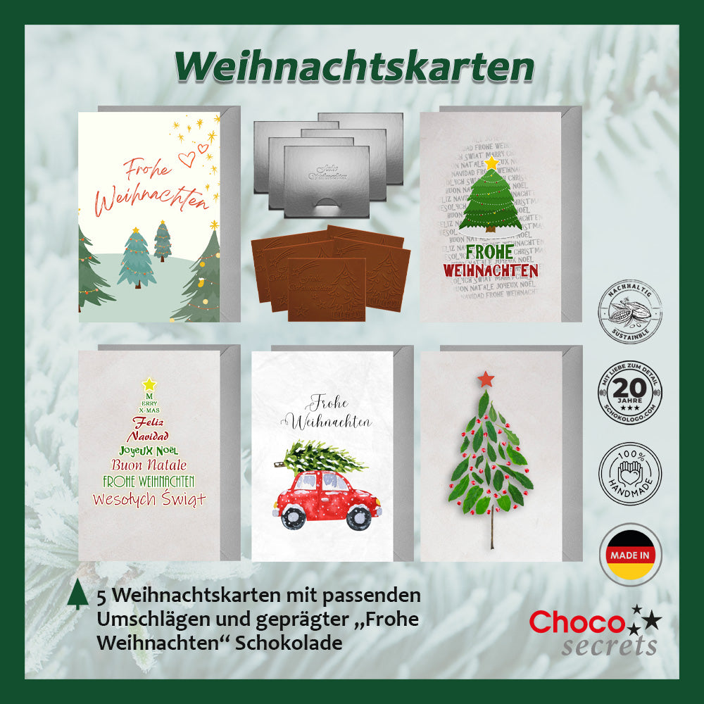 Weihnachtskarten mit Schokoladenprägung in Goldbox, 5er-Set, Kartendesign: dunkelblauer Himmel mit Weihnachtsbaum, Schokoladenprägung: „Frohe Weihnachten“, Umschlag in Gold