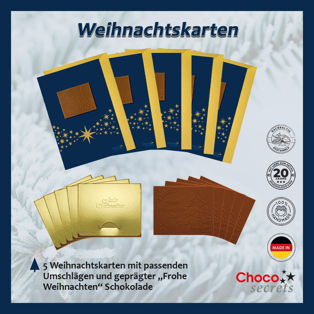 Weihnachtskarten mit Schokoladenprägung in Goldbox, 5er-Set, Kartendesign: dunkelblauer Himmel mit Sternenband, Schokoladenprägung: „Frohe Weihnachten“, Umschlag in Gold