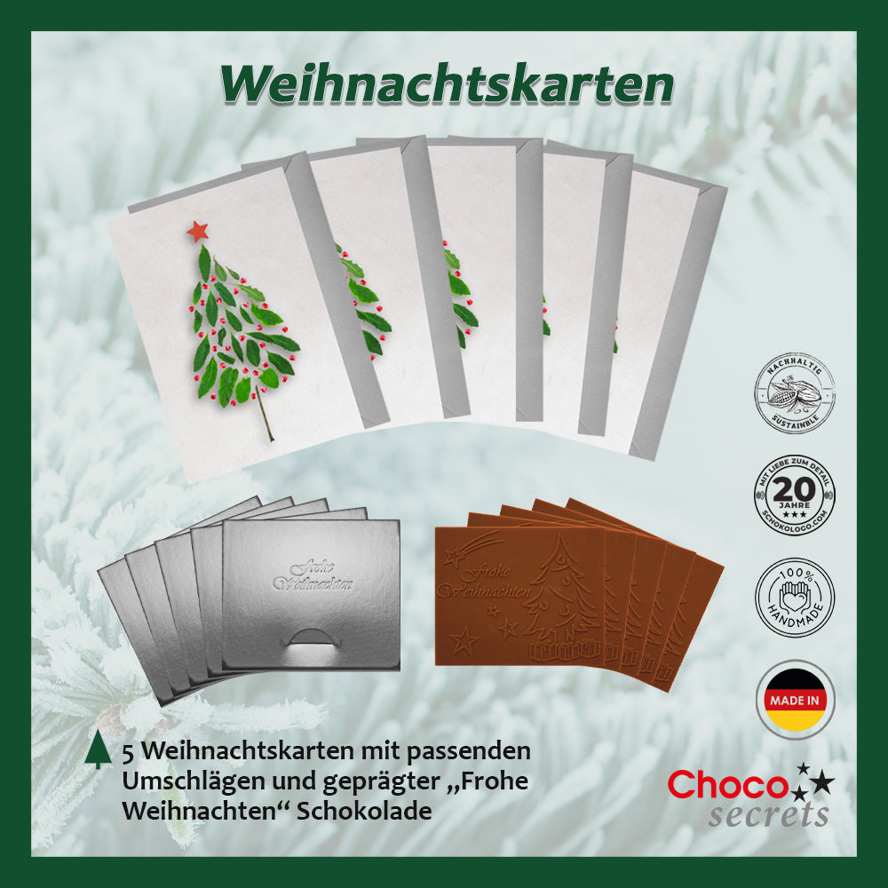 Weihnachtskarten mit Schokoladenprägung in Goldbox, 5er-Set, Kartendesign: dunkelblauer Himmel mit Weihnachtsbaum, Schokoladenprägung: „Frohe Weihnachten“, Umschlag in Gold