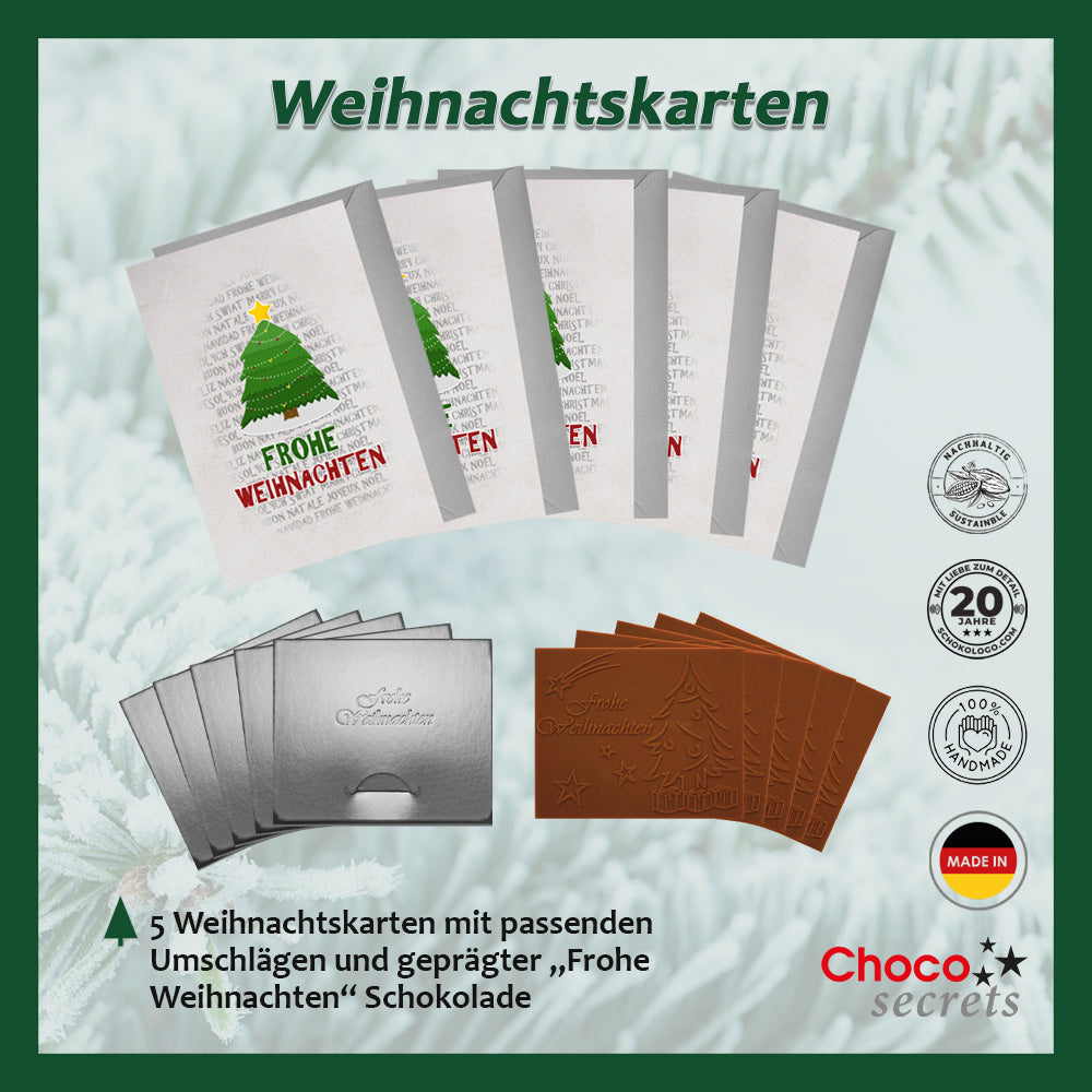 Weihnachtskarten mit Schokoladenprägung in Goldbox, 5er-Set, Kartendesign: dunkelblauer Himmel mit Weihnachtsbaum, Schokoladenprägung: „Frohe Weihnachten“, Umschlag in Gold