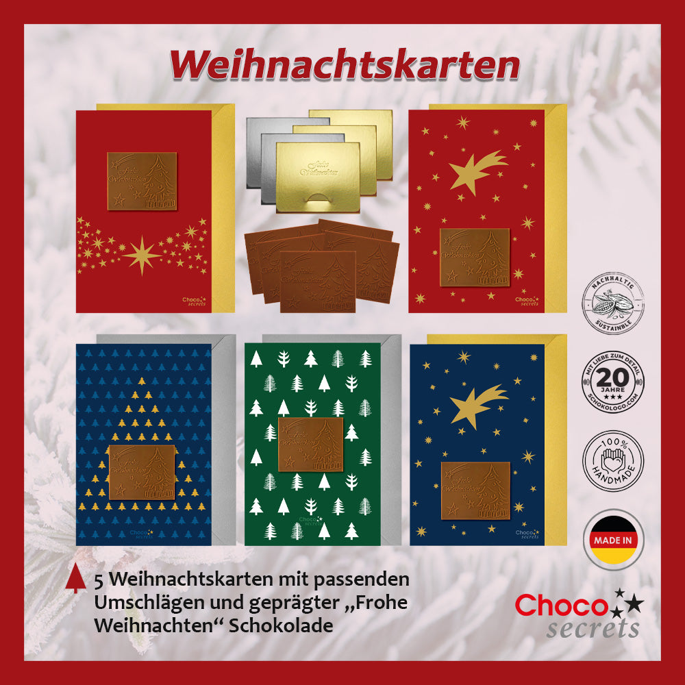 Weihnachtskarten mit Schokoladenprägung in silbernen und goldenen Schachteln, 5er-Set, verschiedene Kartendesigns, Schokoladenprägung: „Frohe Weihnachten“, Umschlag in Silber und Gold
