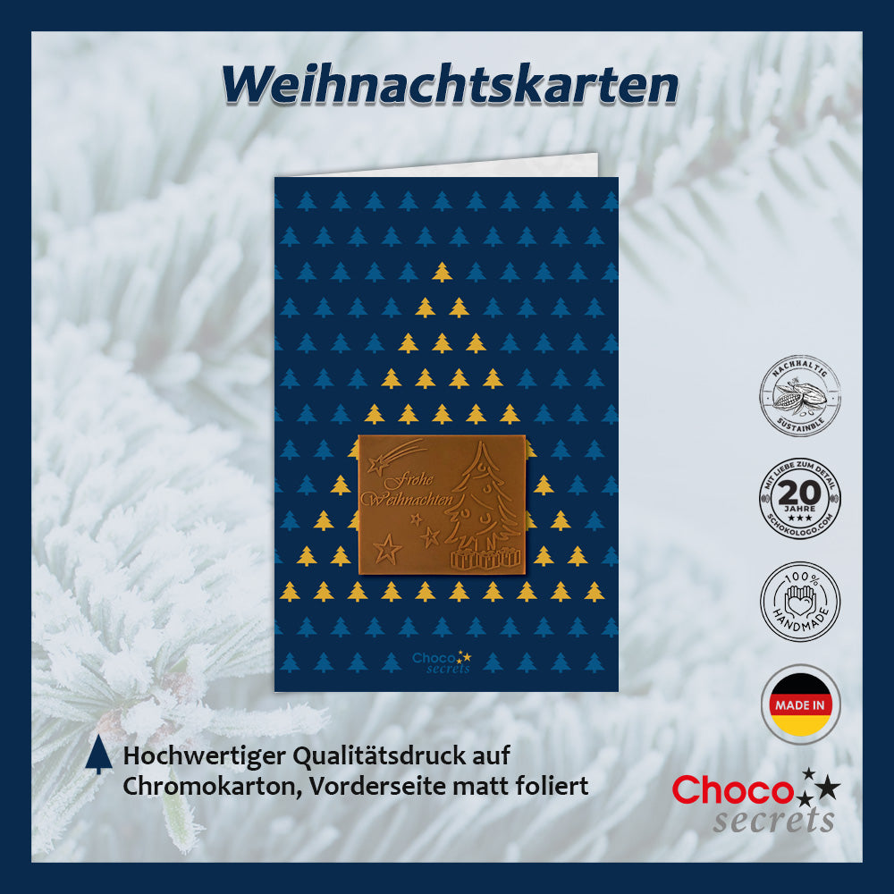Weihnachtskarten mit Schokoladenprägung in Goldbox, 5er-Set, Kartendesign: dunkelblauer Himmel mit Weihnachtsbaum, Schokoladenprägung: „Frohe Weihnachten“, Umschlag in Gold