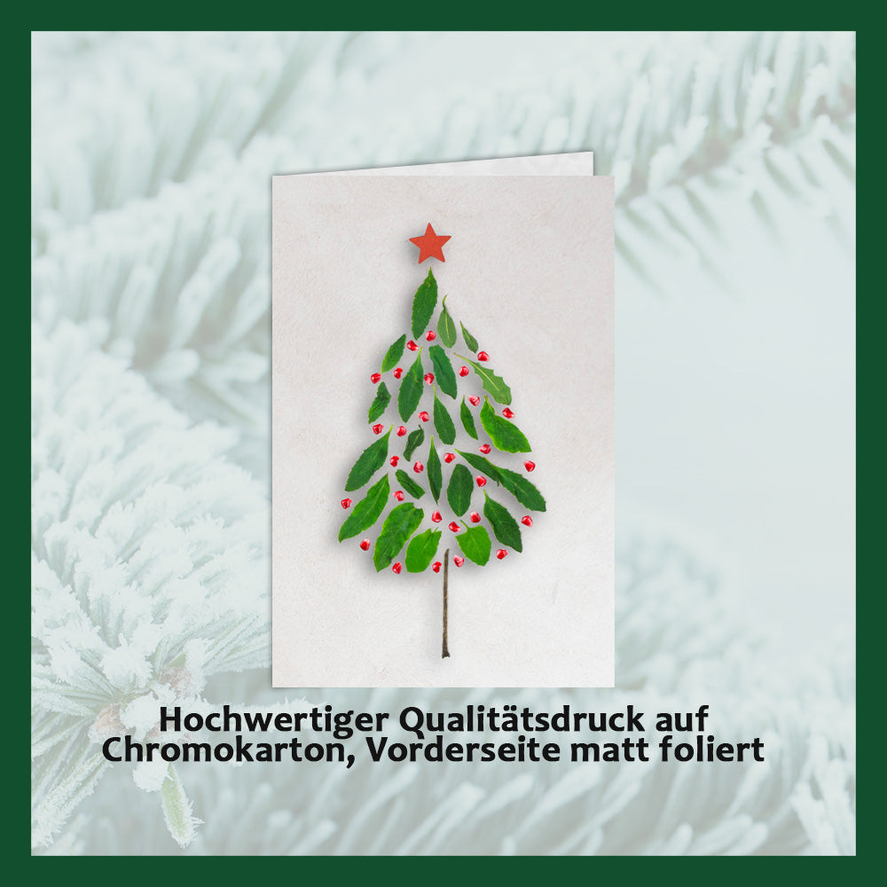 Weihnachtskarten mit Schokoladenprägung in Goldbox, 5er-Set, Kartendesign: dunkelblauer Himmel mit Weihnachtsbaum, Schokoladenprägung: „Frohe Weihnachten“, Umschlag in Gold