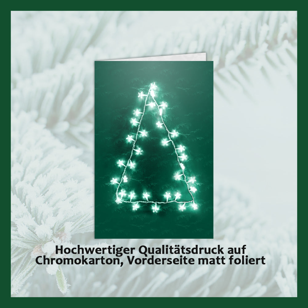 Weihnachtskarten mit Schokoladenprägung in Goldbox, 5er-Set, Kartendesign: dunkelblauer Himmel mit Weihnachtsbaum, Schokoladenprägung: „Frohe Weihnachten“, Umschlag in Gold