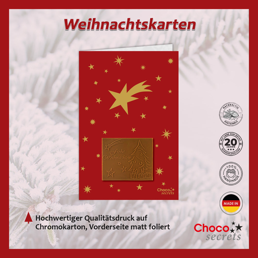 Weihnachtskarten mit Schokoladenprägung in Goldbox, 5er-Set, Kartendesign: Rot mit goldenen Sternen, Schokoladenprägung: „Frohe Weihnachten“, Umschlag in Gold