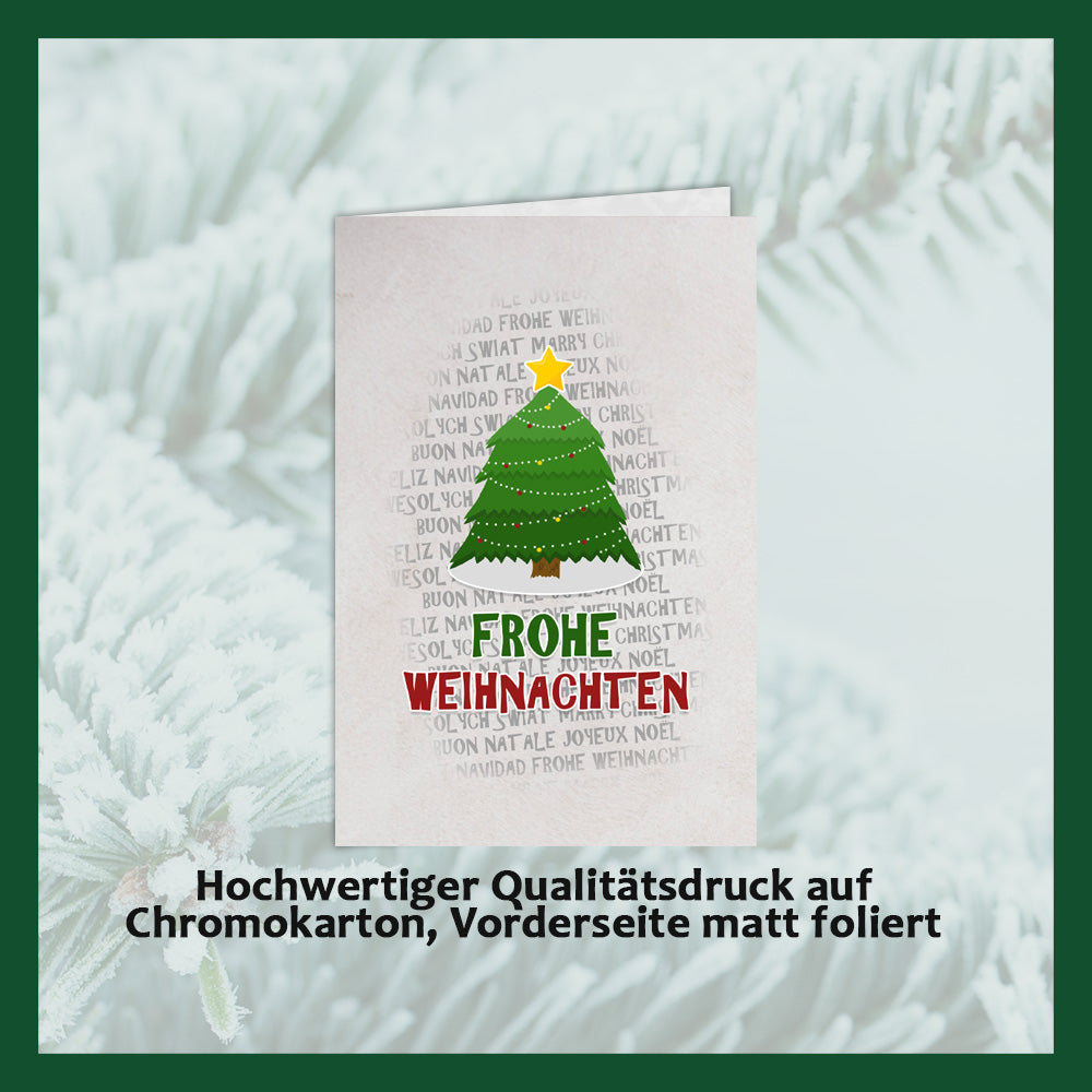 Weihnachtskarten mit Schokoladenprägung in Goldbox, 5er-Set, Kartendesign: dunkelblauer Himmel mit Weihnachtsbaum, Schokoladenprägung: „Frohe Weihnachten“, Umschlag in Gold