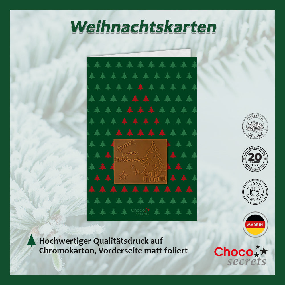 Weihnachtskarten mit Schokoladenprägung in Silberbox, 5er-Set, Kartendesign: Grün mit Tannen, Schokoladenprägung: 'Frohe Weihnachten', Umschlag in Silber