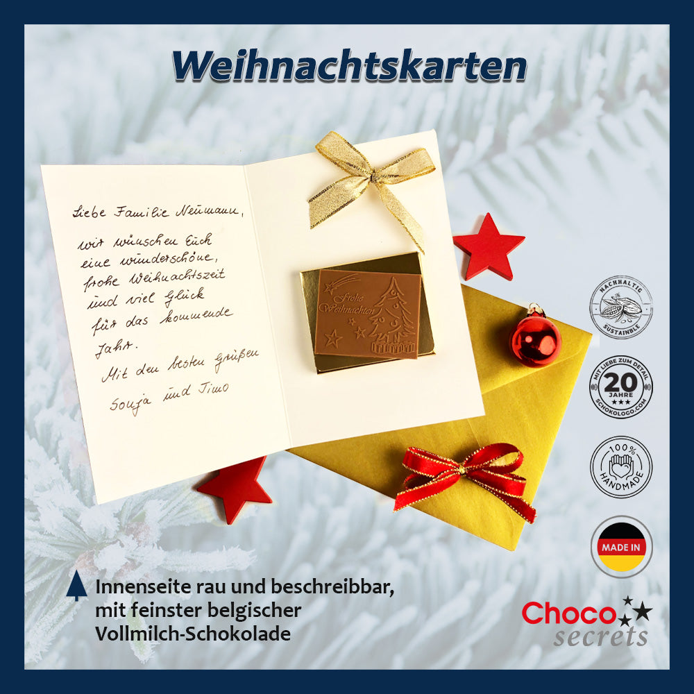 Weihnachtskarten mit Schokoladenprägung in Goldbox, 5er-Set, Kartendesign: dunkelblauer Himmel mit Weihnachtsbaum, Schokoladenprägung: „Frohe Weihnachten“, Umschlag in Gold