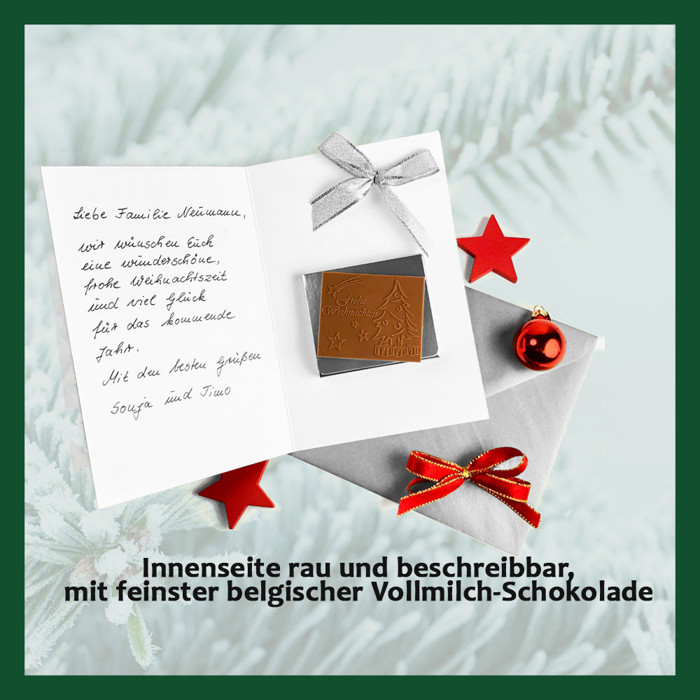 Weihnachtskarten mit Schokoladenprägung in Goldbox, 5er-Set, Kartendesign: dunkelblauer Himmel mit Weihnachtsbaum, Schokoladenprägung: „Frohe Weihnachten“, Umschlag in Gold