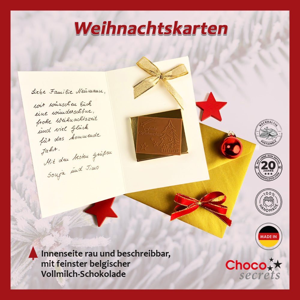 Weihnachtskarten mit Schokoladenprägung in silbernen und goldenen Schachteln, 5er-Set, verschiedene Kartendesigns, Schokoladenprägung: „Frohe Weihnachten“, Umschlag in Silber und Gold