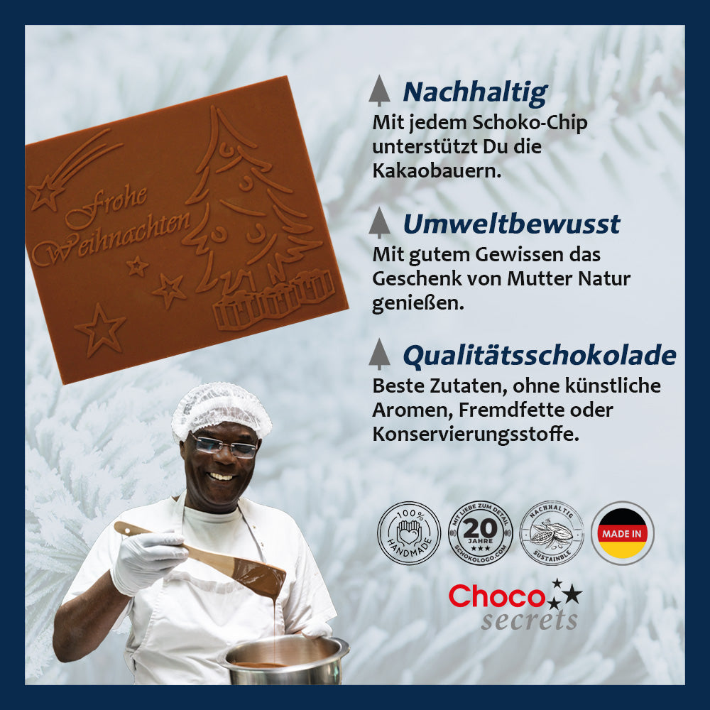 Weihnachtskarten mit Schokoladenprägung in Goldbox, 5er-Set, Kartendesign: dunkelblauer Himmel mit Weihnachtsbaum, Schokoladenprägung: „Frohe Weihnachten“, Umschlag in Gold