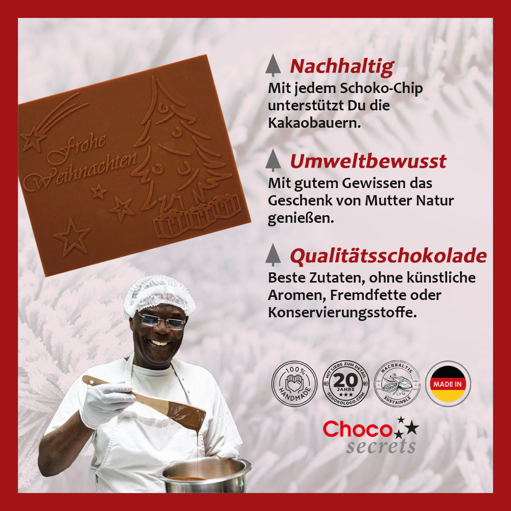 Weihnachtskarten mit Schokoladenprägung in Goldbox, 5er-Set, Kartendesign: rot mit Sternenband, Schokoladenprägung: „Frohe Weihnachten“, Umschlag in Gold