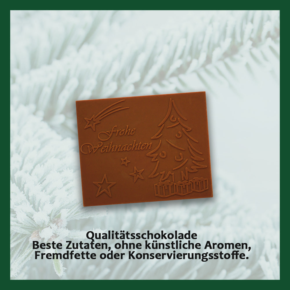 Weihnachtskarten mit Schokoladenprägung in Goldbox, 5er-Set, Kartendesign: dunkelblauer Himmel mit Weihnachtsbaum, Schokoladenprägung: „Frohe Weihnachten“, Umschlag in Gold