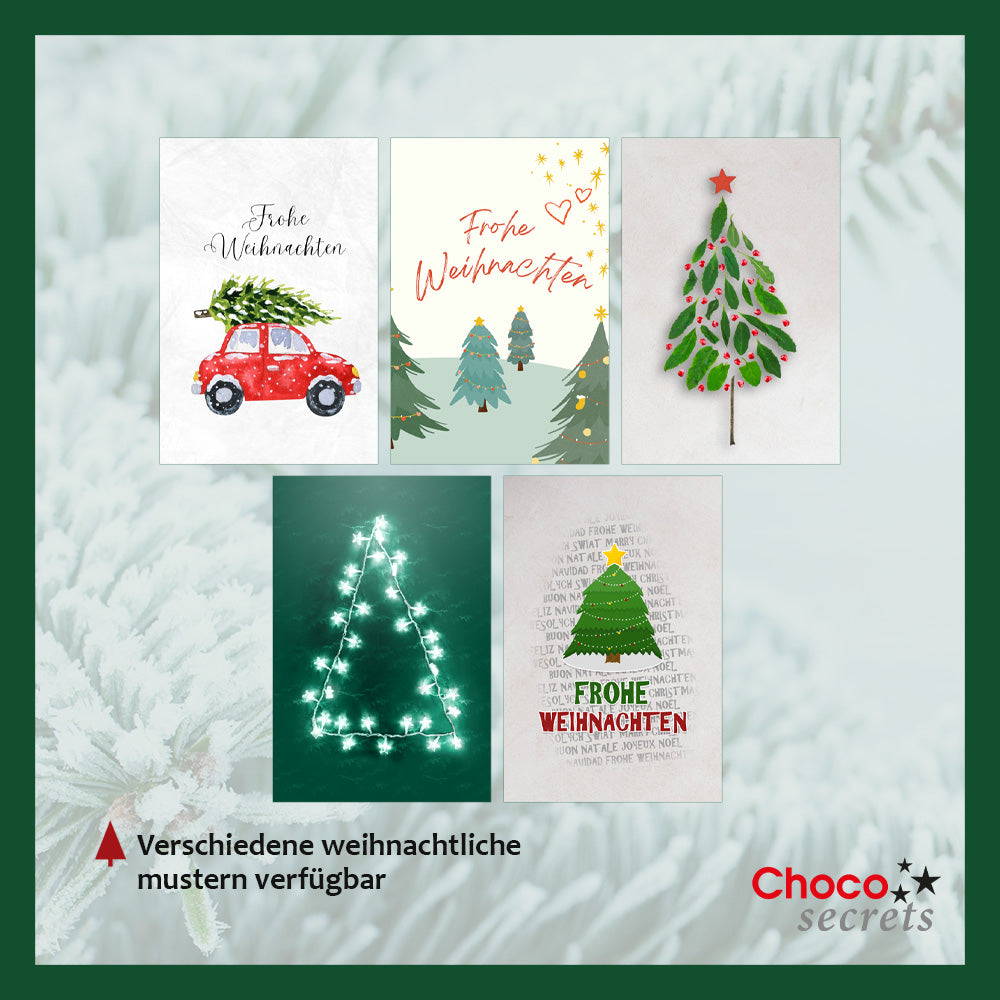 Weihnachtskarten mit Schokoladenprägung in Goldbox, 5er-Set, Kartendesign: dunkelblauer Himmel mit Weihnachtsbaum, Schokoladenprägung: „Frohe Weihnachten“, Umschlag in Gold