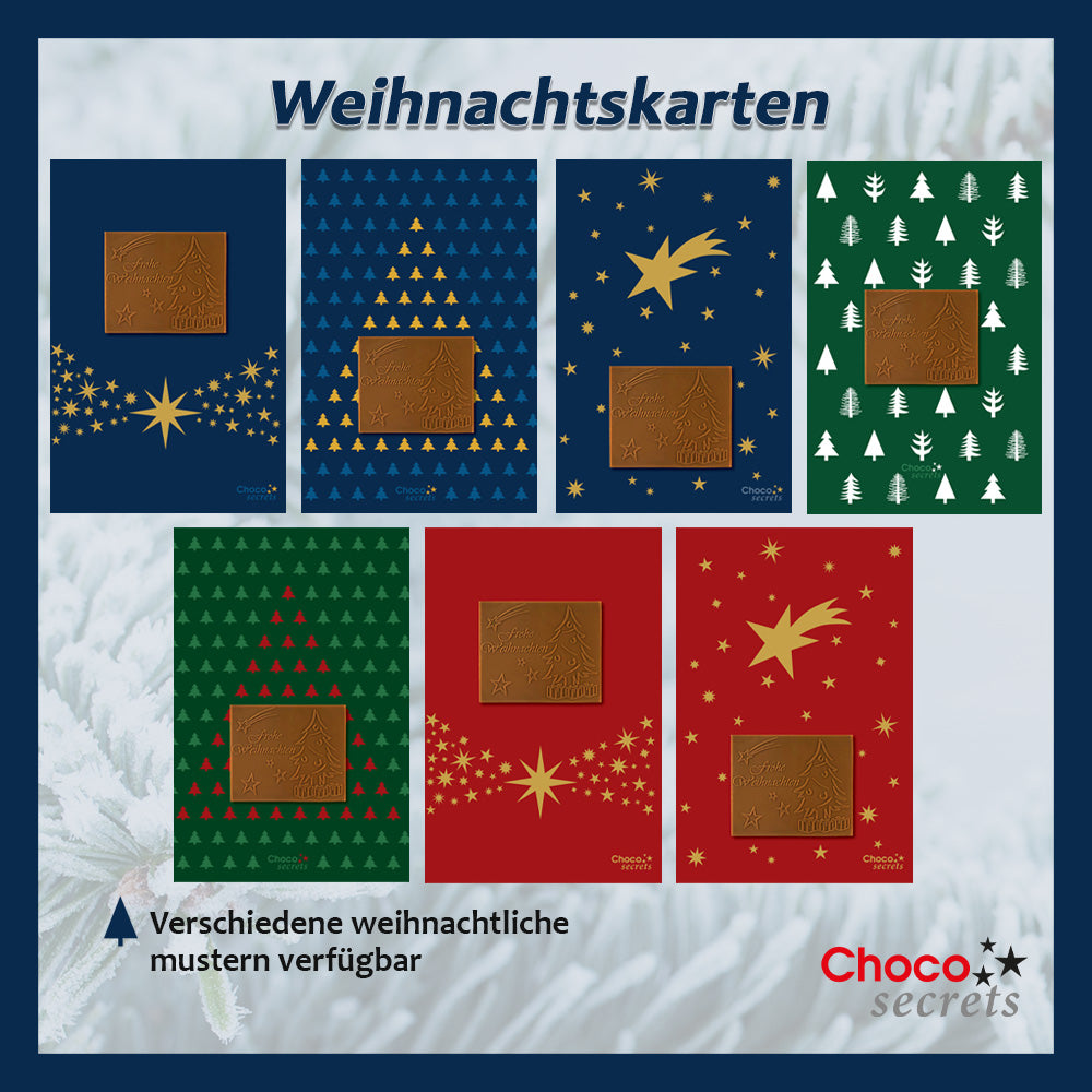 Weihnachtskarten mit Schokoladenprägung in Goldbox, 5er-Set, Kartendesign: dunkelblauer Himmel mit goldenen Sternen, Schokoladenprägung: „Frohe Weihnachten“, Umschlag in Gold