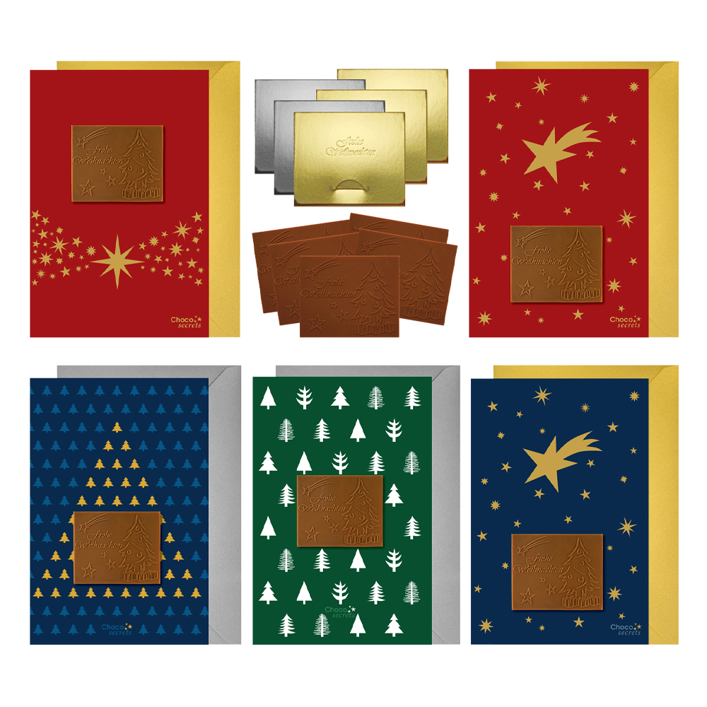 Weihnachtskarten mit Schokoladenprägung in silbernen und goldenen Schachteln, 5er-Set, verschiedene Kartendesigns, Schokoladenprägung: „Frohe Weihnachten“, Umschlag in Silber und Gold