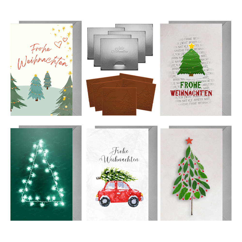 Weihnachtskarten mit Schokoladenprägung in Goldbox, 5er-Set, Kartendesign: dunkelblauer Himmel mit Weihnachtsbaum, Schokoladenprägung: „Frohe Weihnachten“, Umschlag in Gold