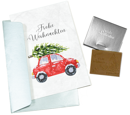 Weihnachtskarten mit Schokoladenprägung in Goldbox, 5er-Set, Kartendesign: dunkelblauer Himmel mit Weihnachtsbaum, Schokoladenprägung: „Frohe Weihnachten“, Umschlag in Gold