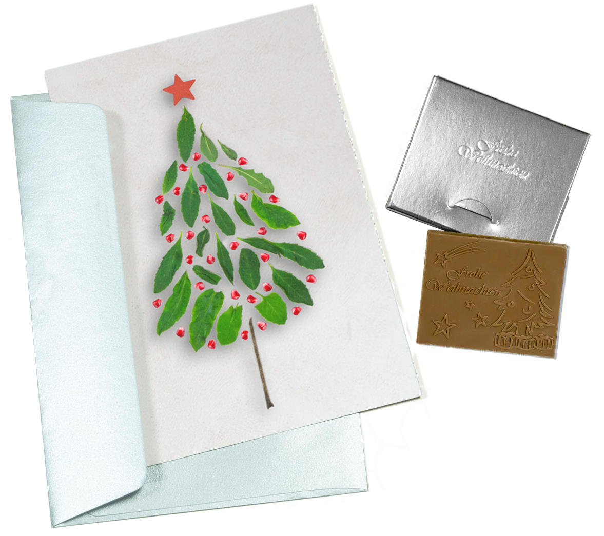 Weihnachtskarten mit Schokoladenprägung in Goldbox, 5er-Set, Kartendesign: dunkelblauer Himmel mit Weihnachtsbaum, Schokoladenprägung: „Frohe Weihnachten“, Umschlag in Gold