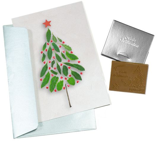 Weihnachtskarten mit Schokoladenprägung in Goldbox, 5er-Set, Kartendesign: dunkelblauer Himmel mit Weihnachtsbaum, Schokoladenprägung: „Frohe Weihnachten“, Umschlag in Gold