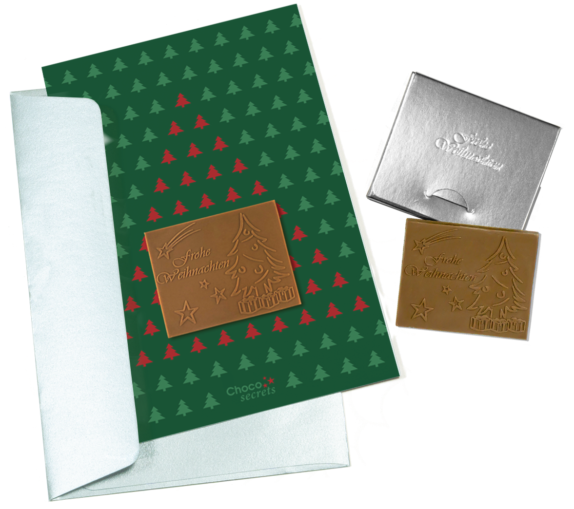 Weihnachtskarten mit Schokoladenprägung in Silberbox, 5er-Set, Kartendesign: Grün mit Tannen, Schokoladenprägung: 'Frohe Weihnachten', Umschlag in Silber