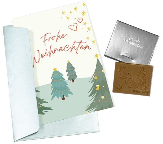 Weihnachtskarten mit Schokoladenprägung in Goldbox, 5er-Set, Kartendesign: dunkelblauer Himmel mit Weihnachtsbaum, Schokoladenprägung: „Frohe Weihnachten“, Umschlag in Gold