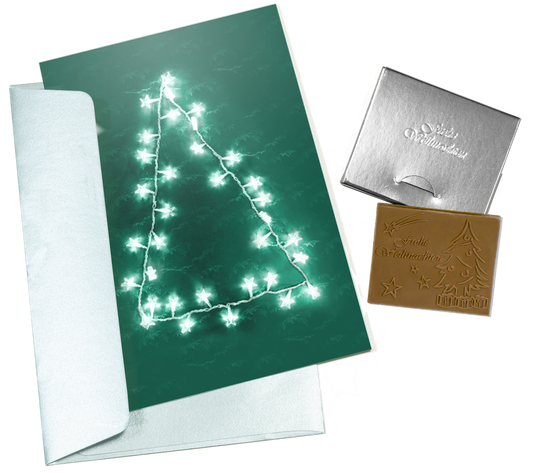 Weihnachtskarten mit Schokoladenprägung in Goldbox, 5er-Set, Kartendesign: dunkelblauer Himmel mit Weihnachtsbaum, Schokoladenprägung: „Frohe Weihnachten“, Umschlag in Gold