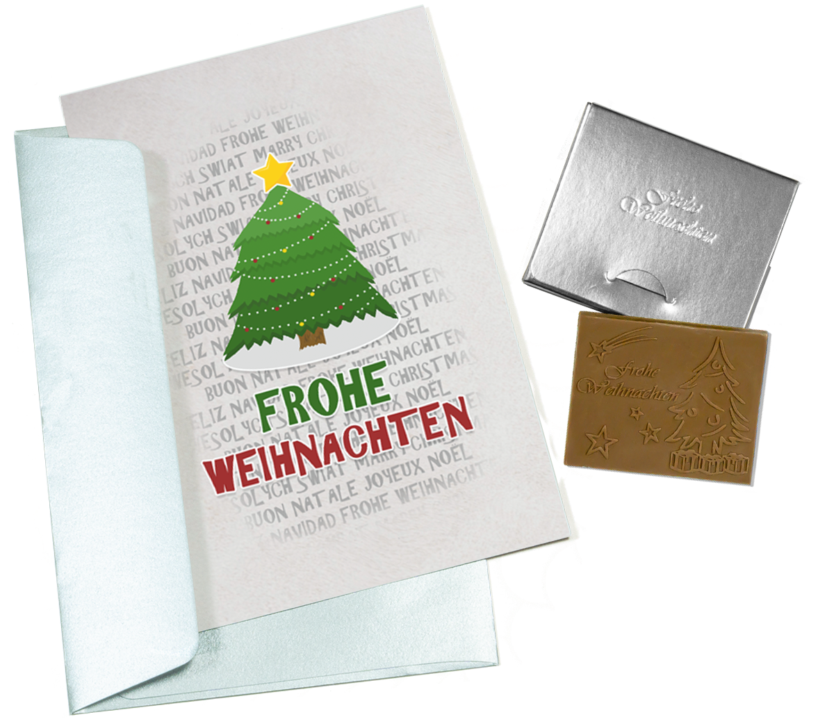 Weihnachtskarten mit Schokoladenprägung in Goldbox, 5er-Set, Kartendesign: dunkelblauer Himmel mit Weihnachtsbaum, Schokoladenprägung: „Frohe Weihnachten“, Umschlag in Gold