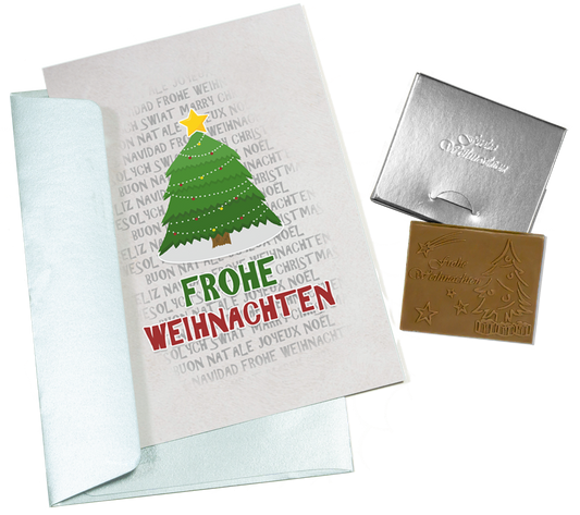 Weihnachtskarten mit Schokoladenprägung in Goldbox, 5er-Set, Kartendesign: dunkelblauer Himmel mit Weihnachtsbaum, Schokoladenprägung: „Frohe Weihnachten“, Umschlag in Gold
