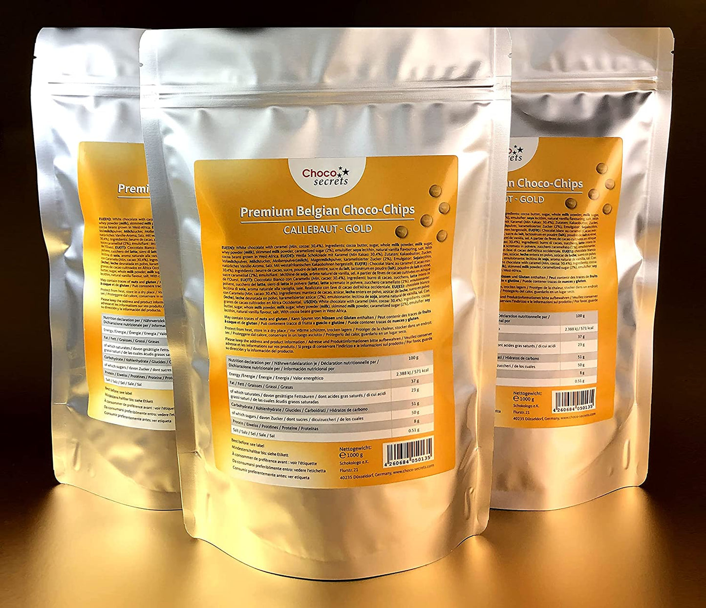 Callebaut Gold 30,4 % feinste belgische Karamell-Schokoladenstückchen 1 kg, im wiederverschließbaren Beutel