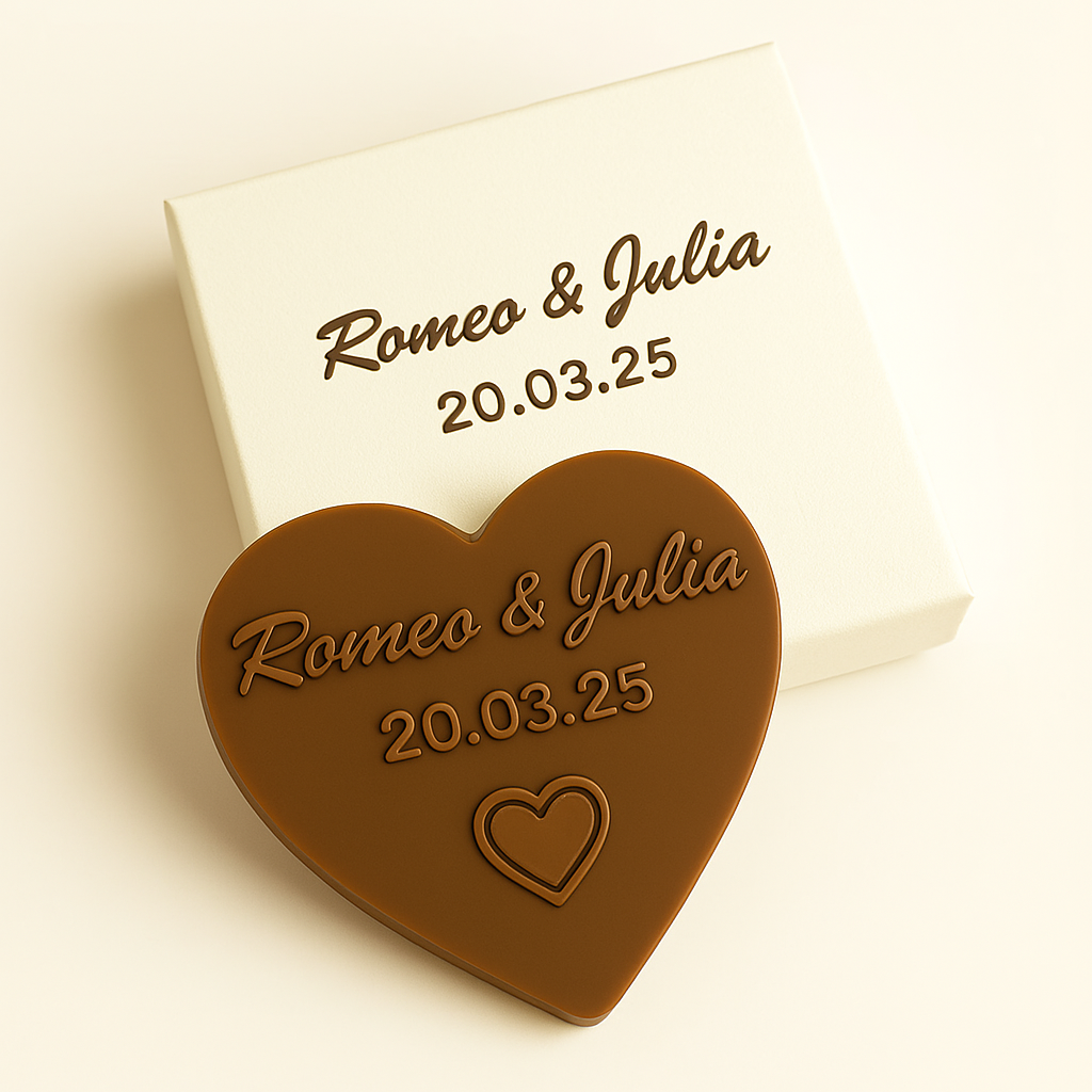 wedding_favors_milk_chocs_heart_inheart_box_lightgold embossed with names of bride and groom in a individually printed box.