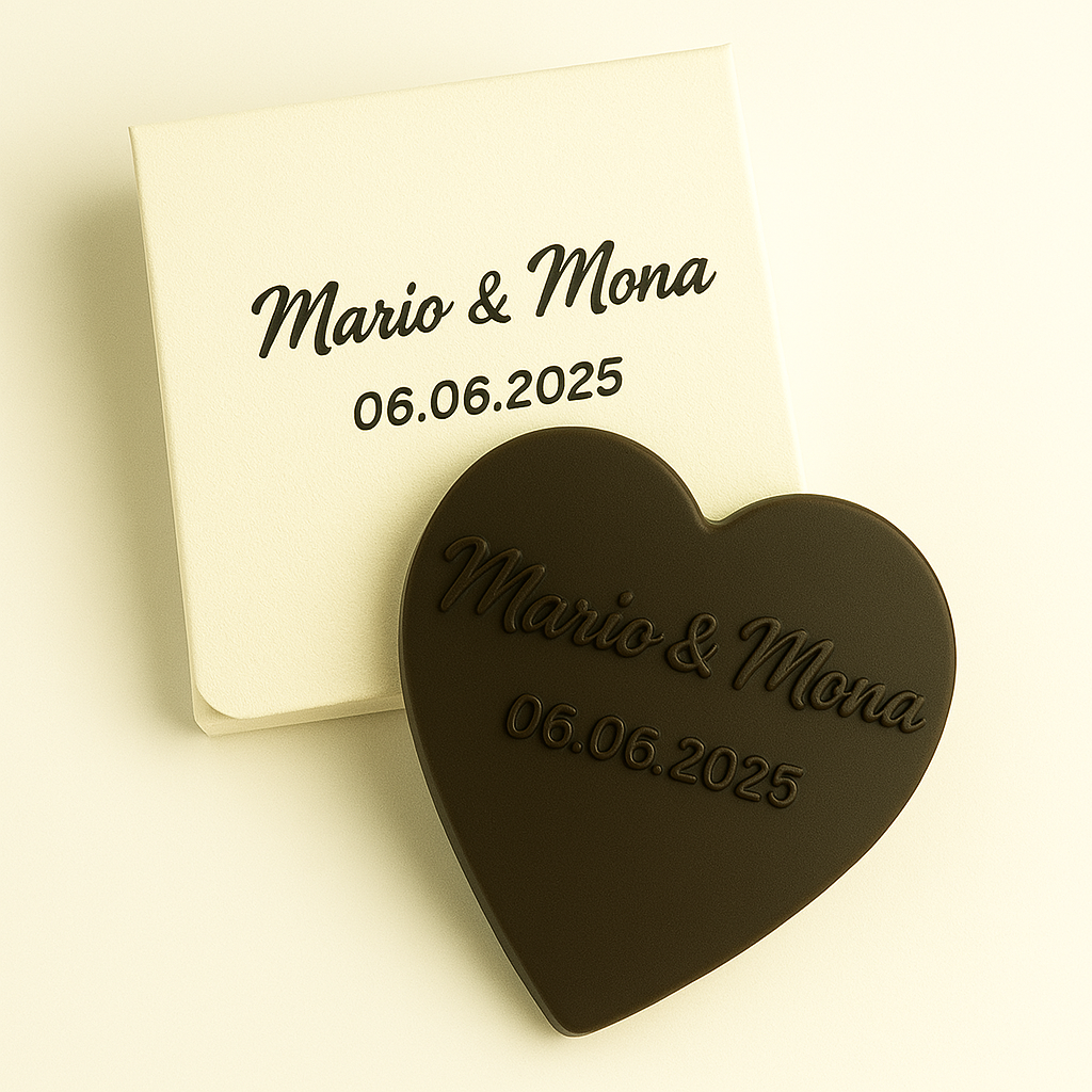 wedding_favors_dark_chocs_plain_box_lightgold embossed with names of bride and groom in a individually printed box.