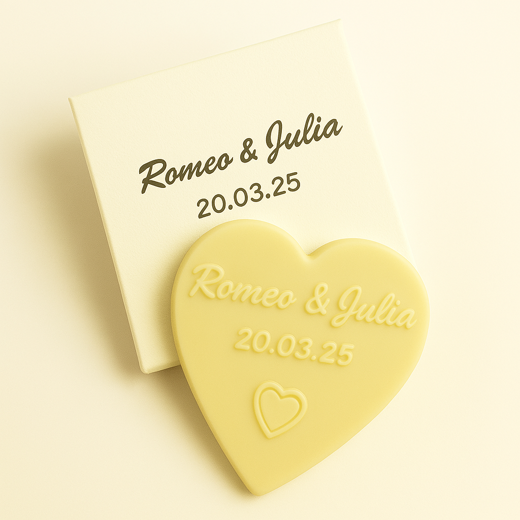 wedding_favors_white_chocs_heart_inheart_box_lightgold embossed with names of bride and groom in a individually printed box.